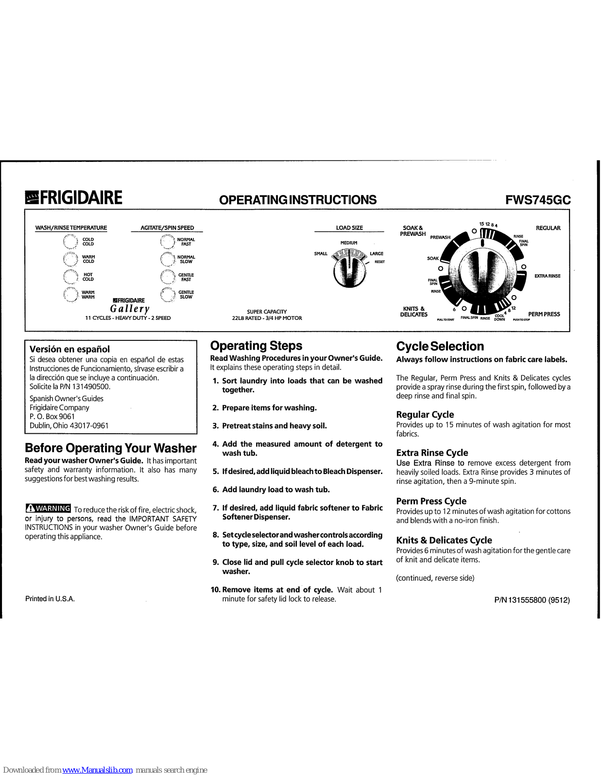 Frigidaire FWS745GC Operating Instructions Manual