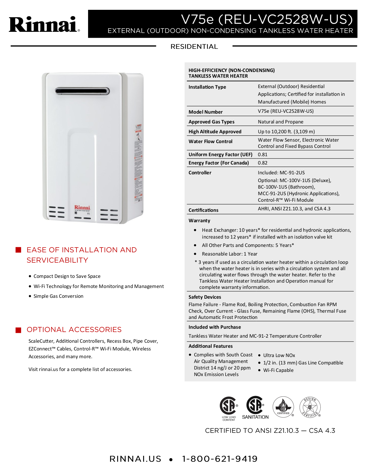 Rinnai Water Heater V75eN Specifications