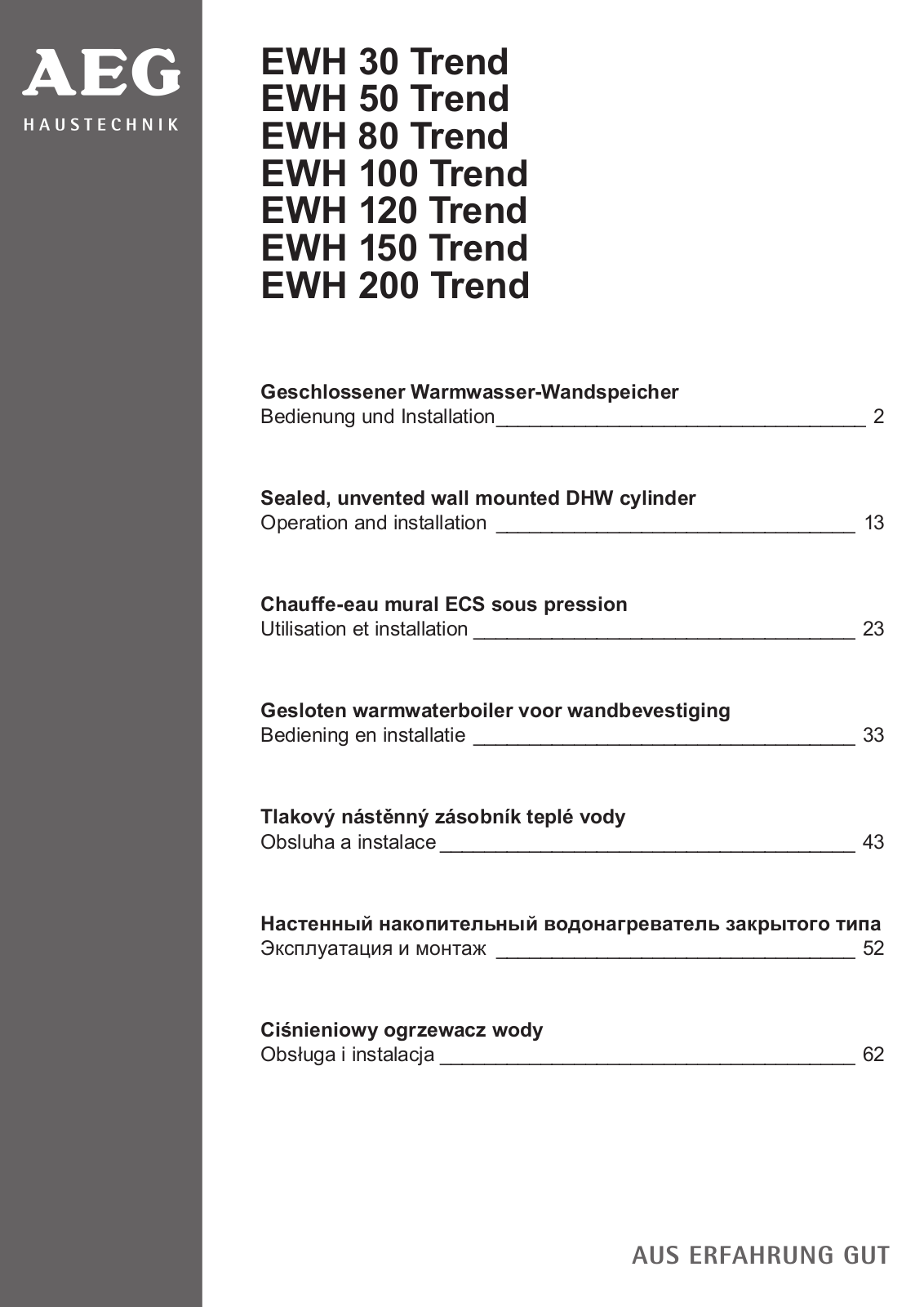 AEG EWH 30 Trend, EWH 50 Trend, EWH 80 Trend, EWH 100 Trend, EWH 120 Trend User guide