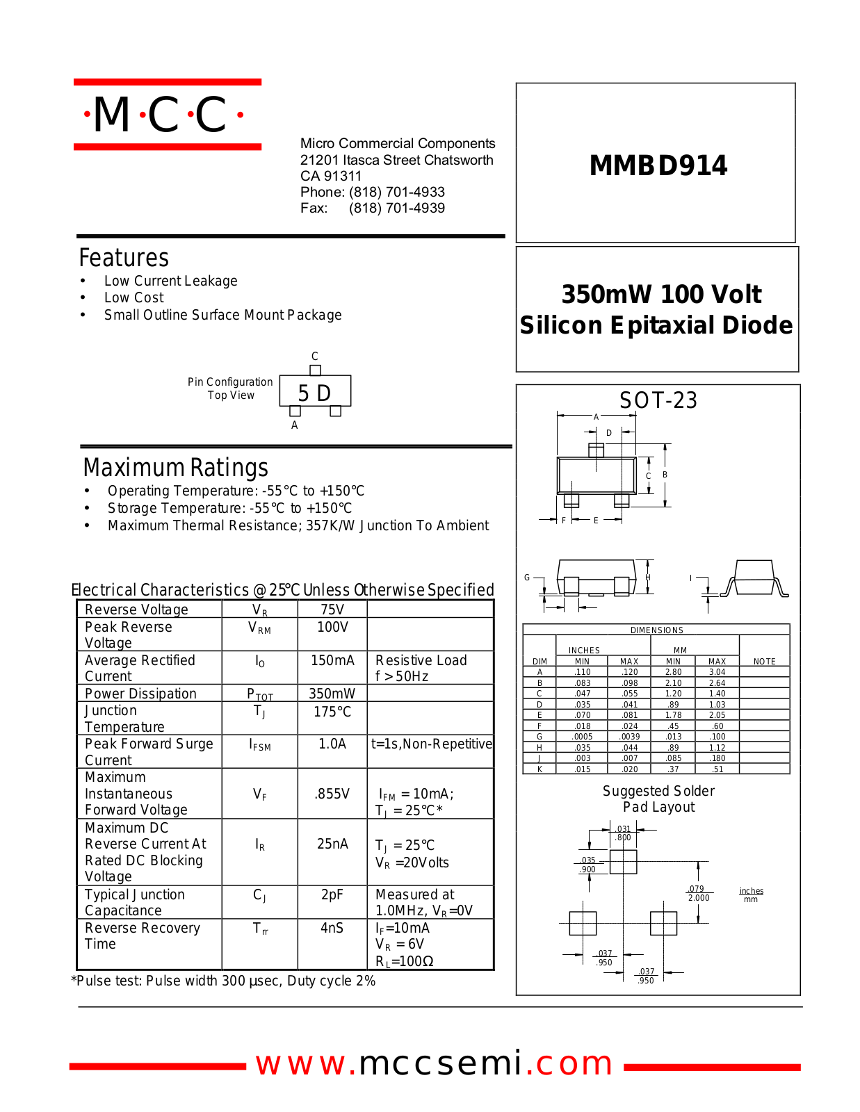 MCC MMBD914 Datasheet