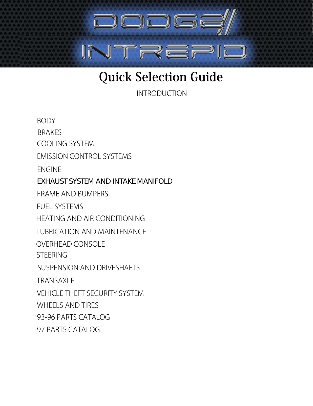 Dodge INTREPID QUICK SELECTION GUIDE