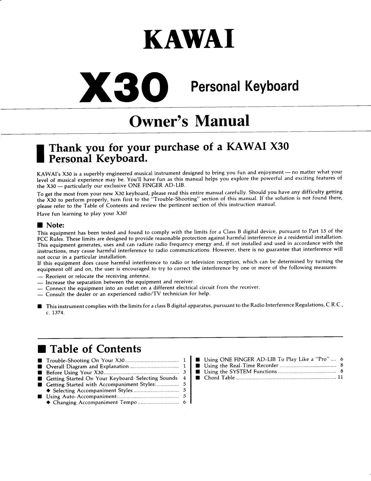 Kawai X30 User Manual