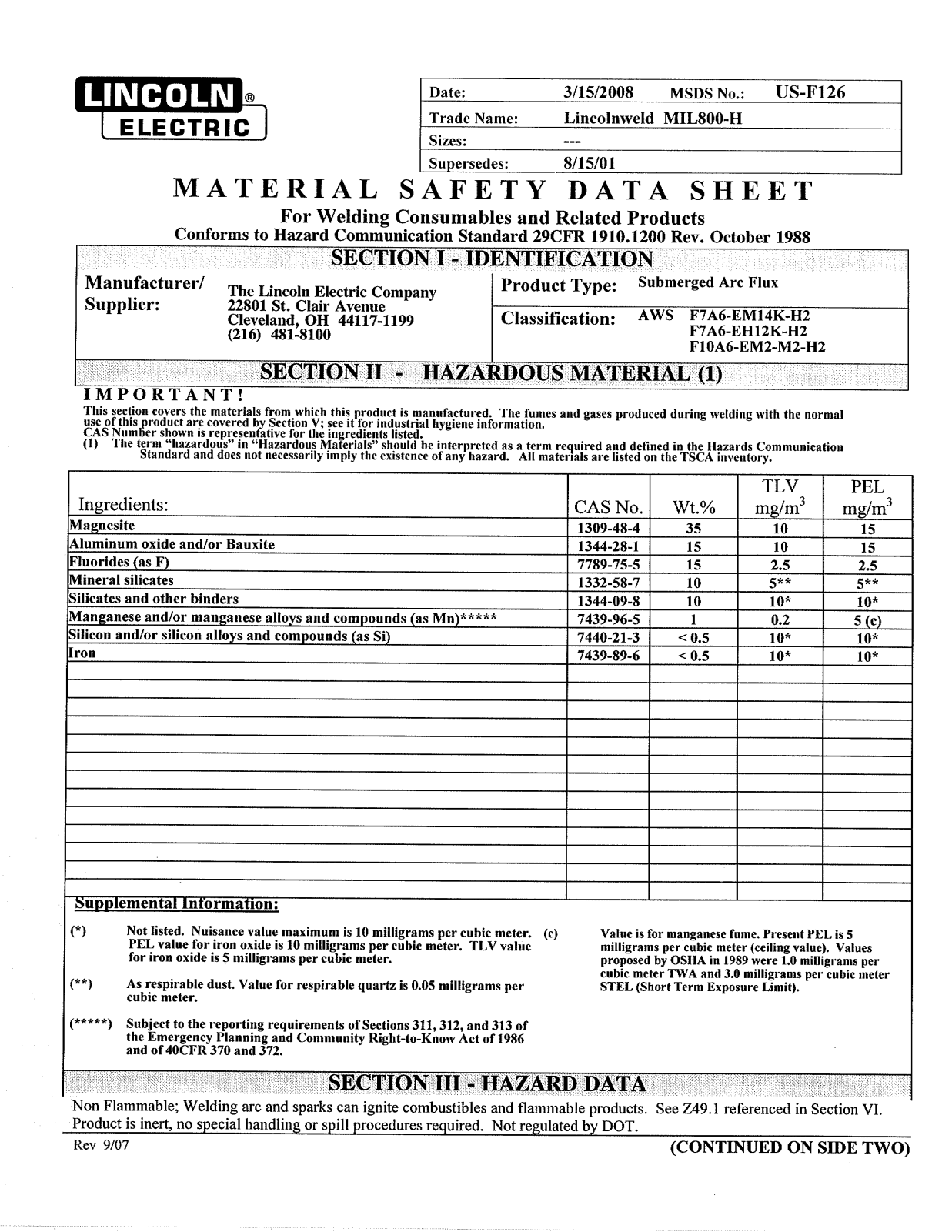 Lincoln Electric MIL800-H User Manual