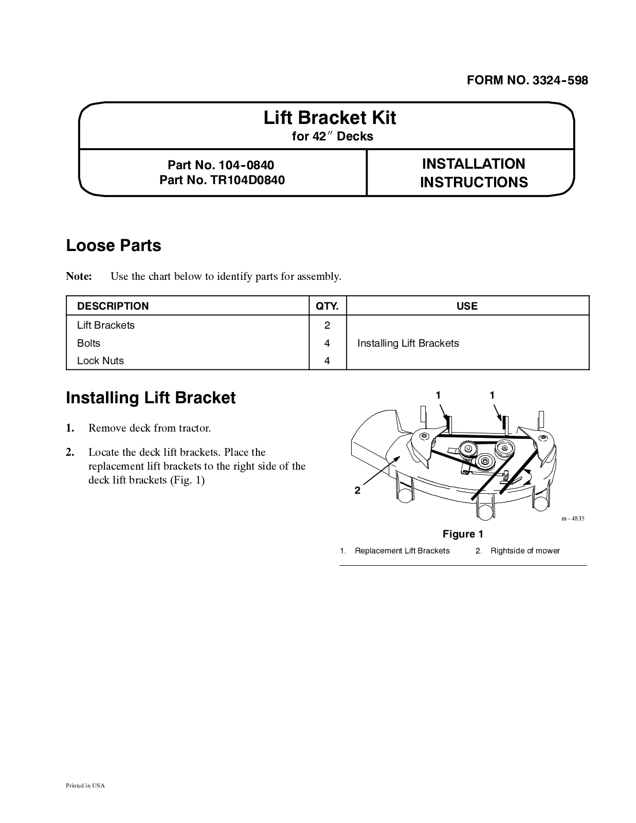 Toro 104-0840 Installation Instructions