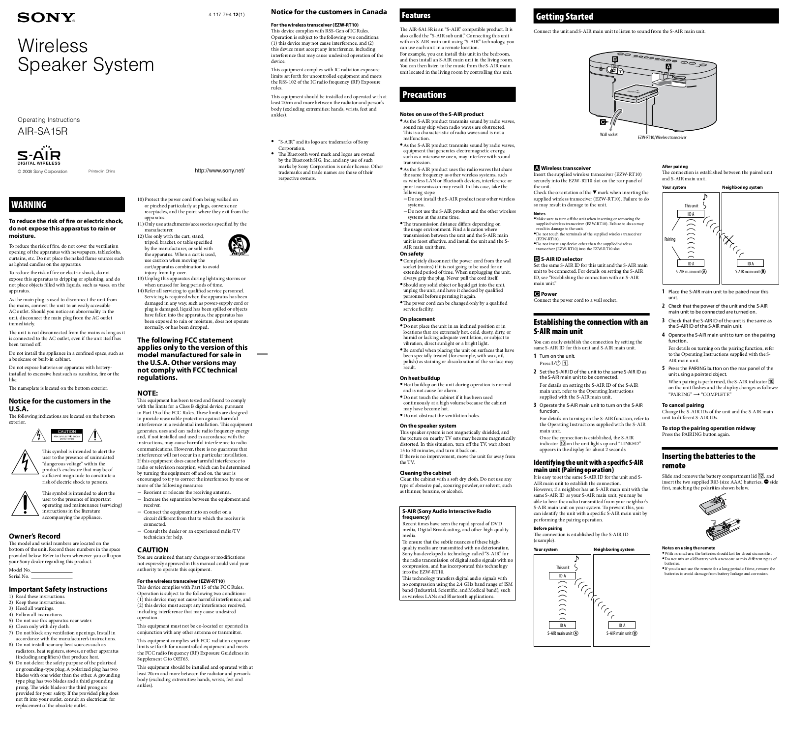 Sony AIR-SA20PK User Manual