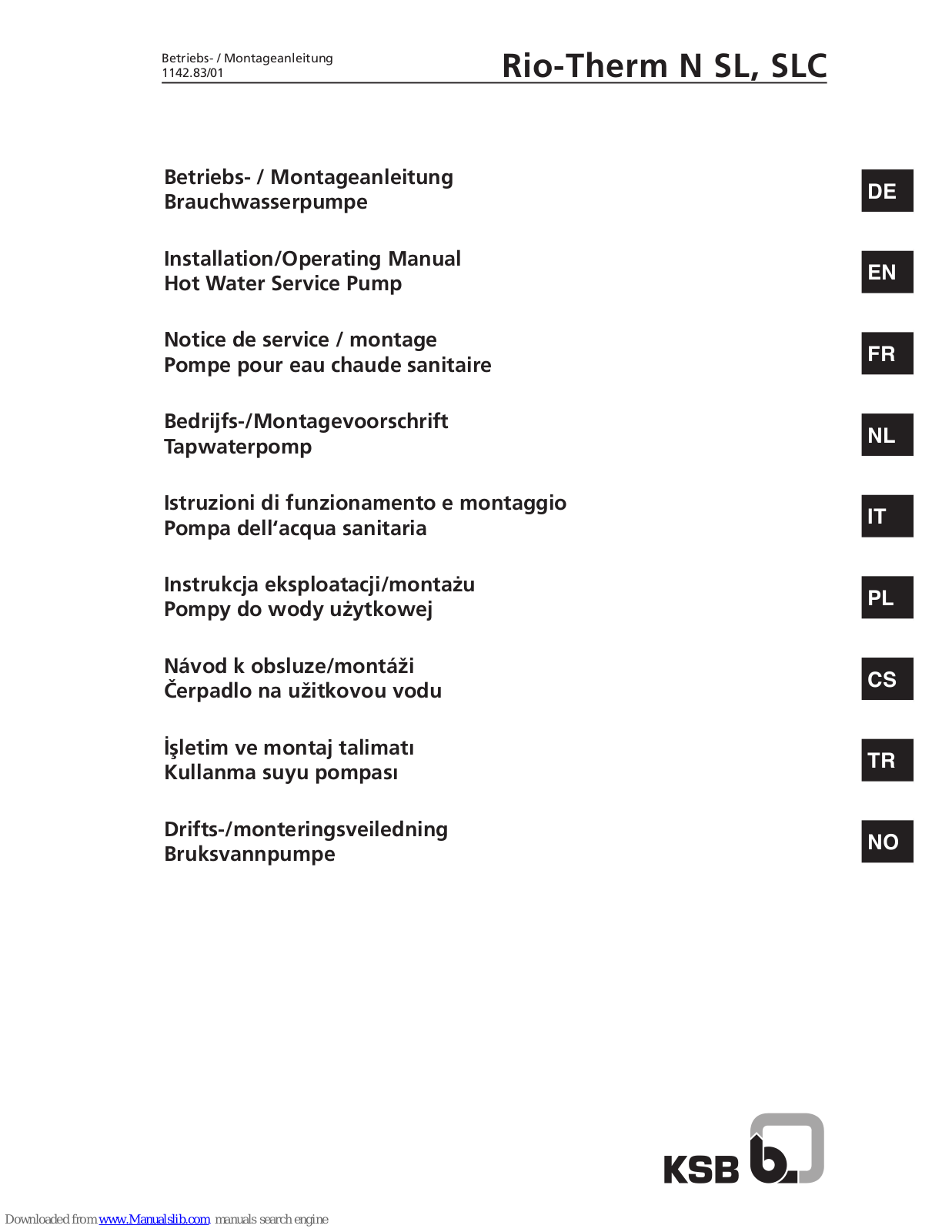 KSB Rio-Therm N, Rio-Therm SL, Rio-Therm SLC Operating Manual