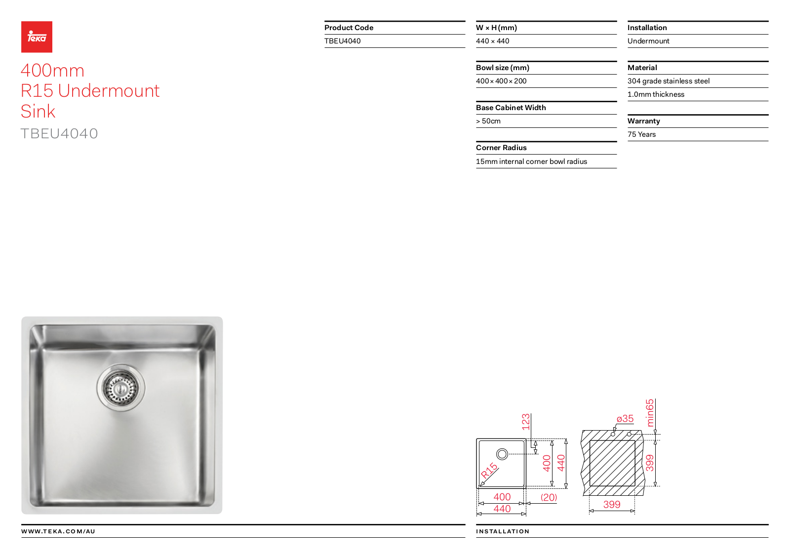 Teka TBEU4040 Specifications Sheet