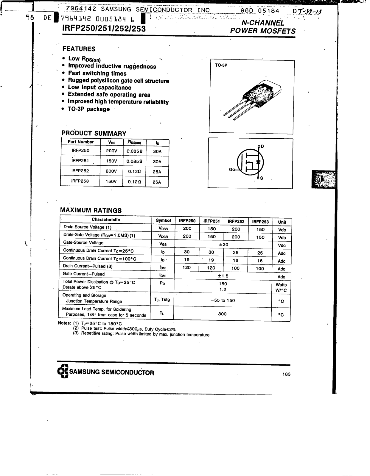 Samsung IRFP252, IRFP251, IRFP250, IRFP253 Datasheet