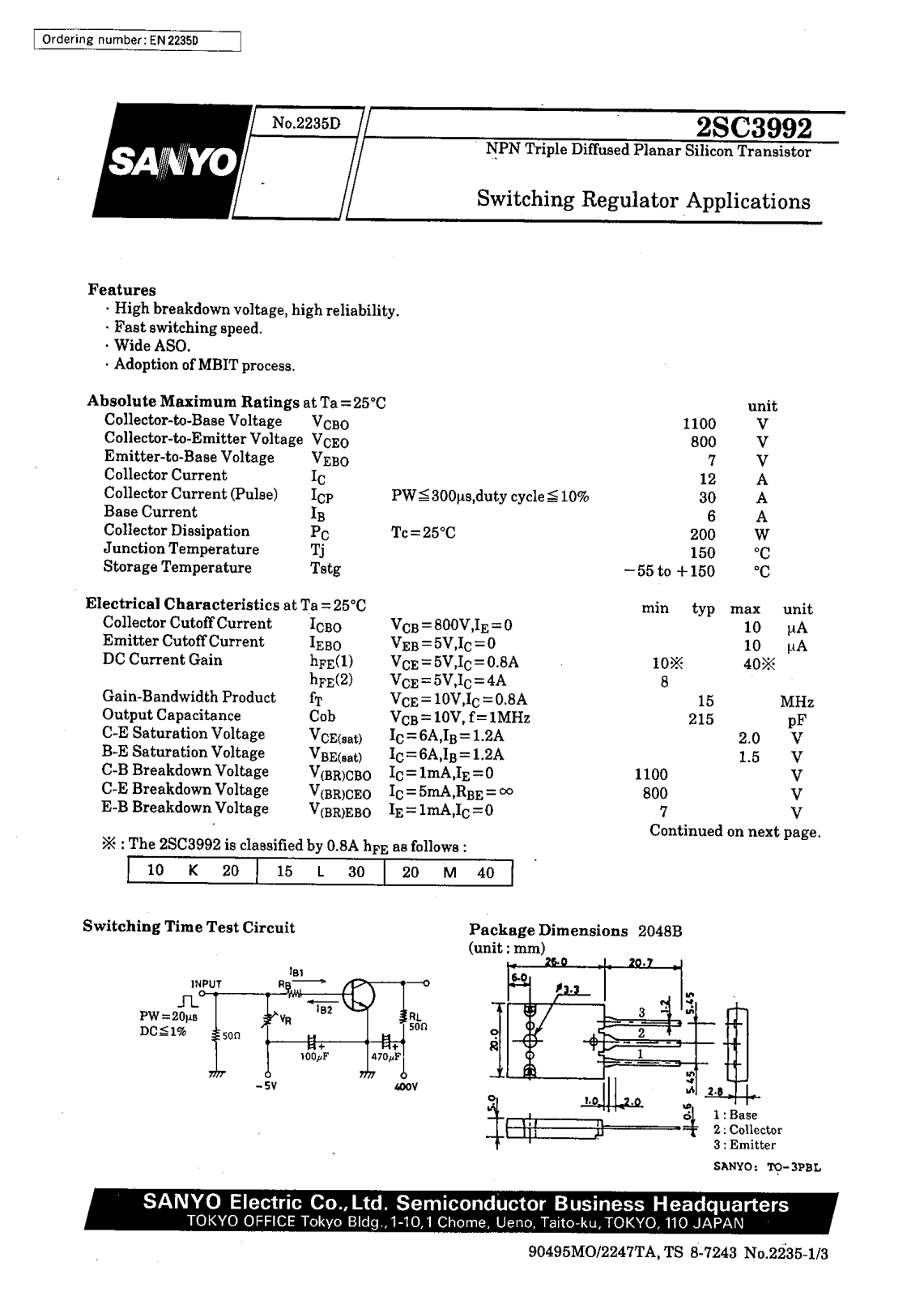 SANYO 2SC3992 Datasheet