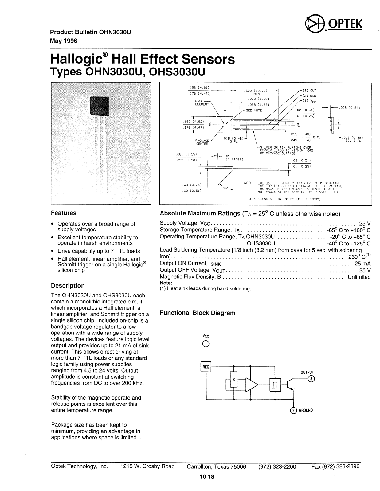 OPTEK OHS3030U, OHN3030U Datasheet