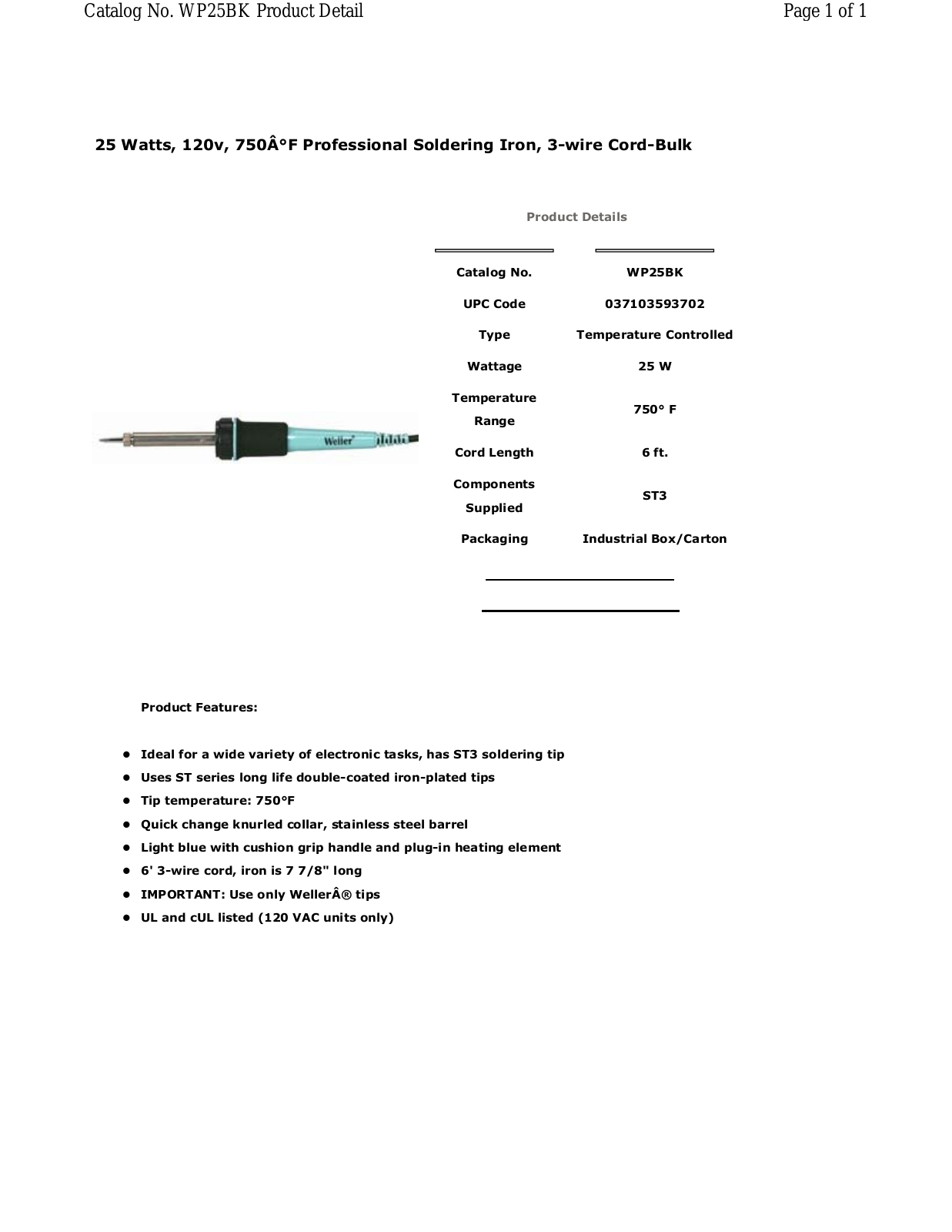 Weller - Apex Tool Group WP25BK Data Sheet