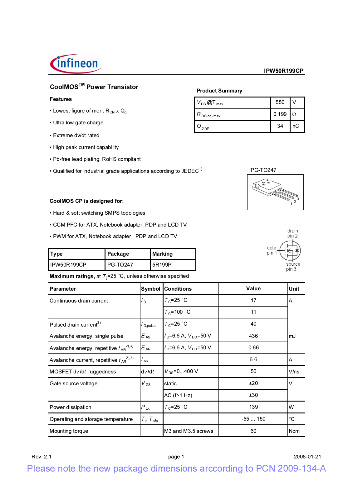 Datasheet ipw50r199cp_rev2[1].1_pcn Datasheet - ManualMachine.com