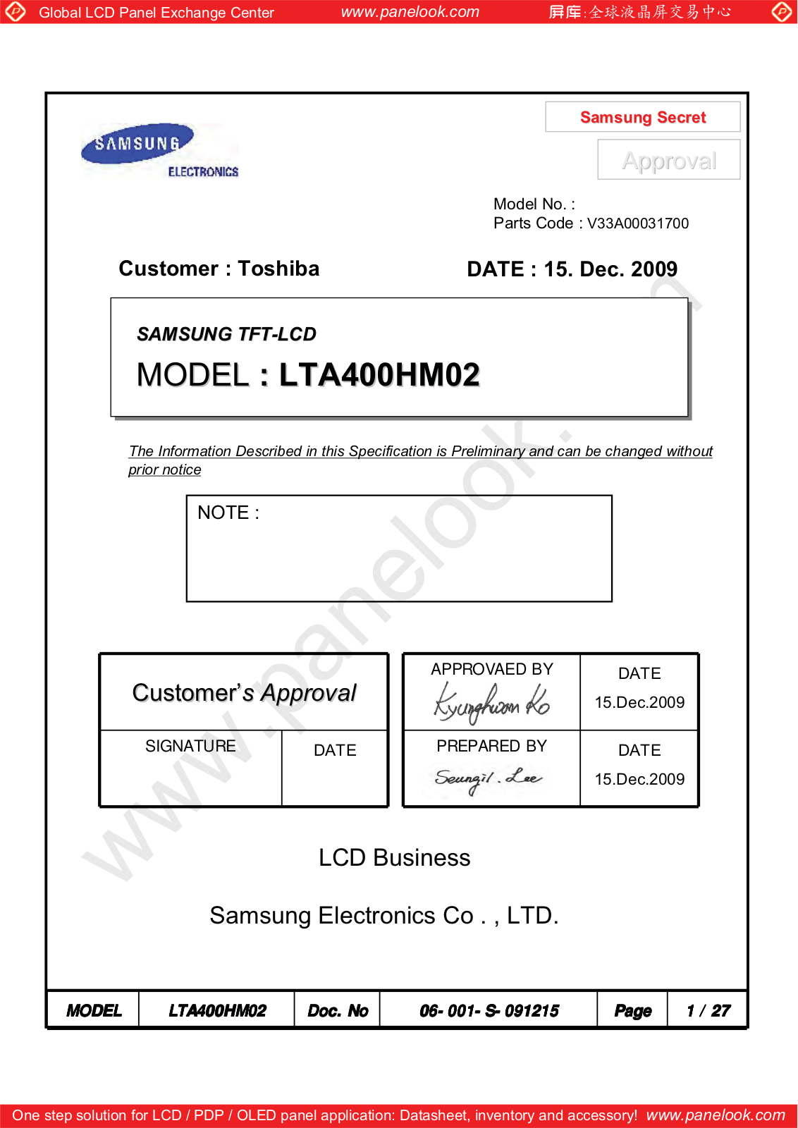 SAMSUNG LTA400HM02 Specification