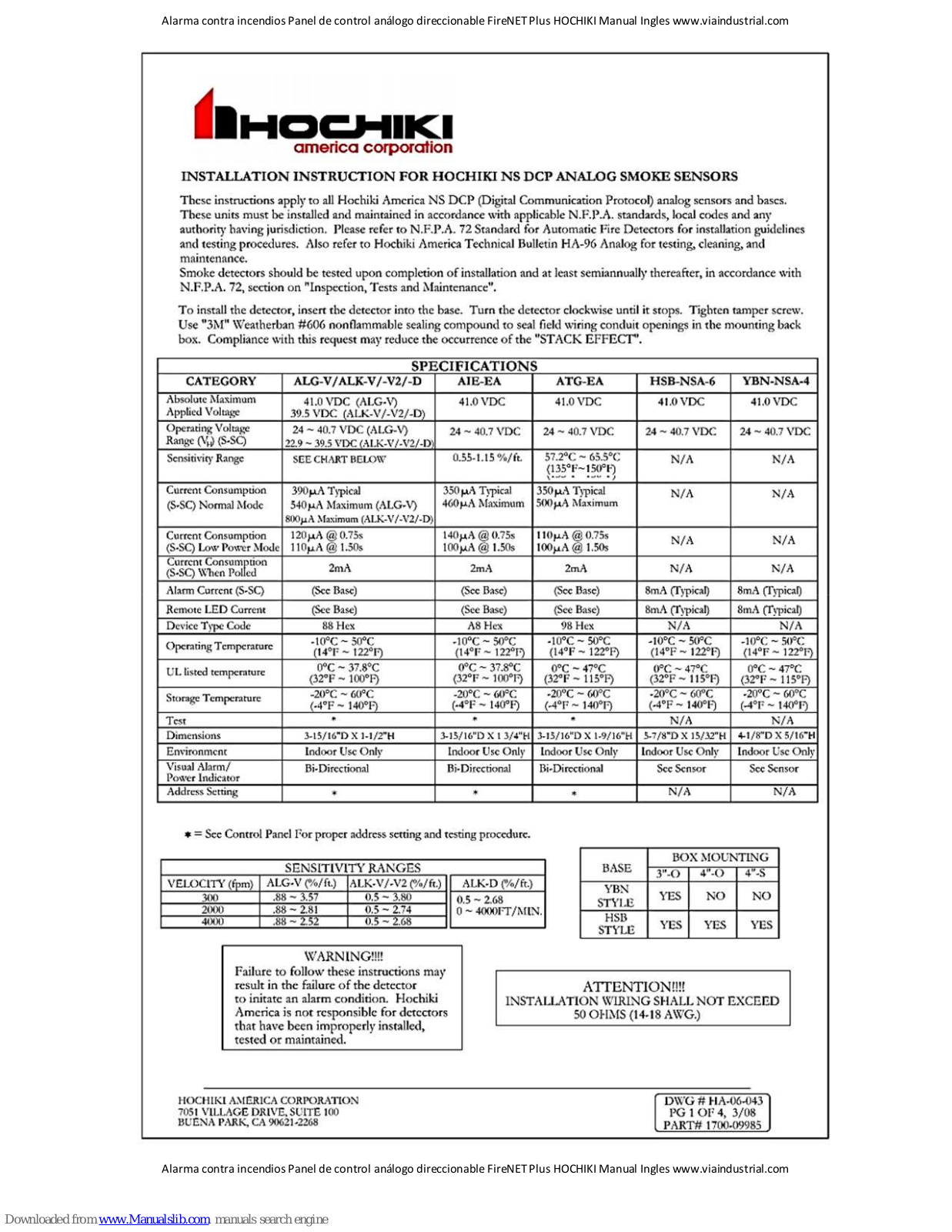 Hochiki ALG-V, ALK-D, ALK-V2, AIE-EA, ALK-V Installation Instructions Manual