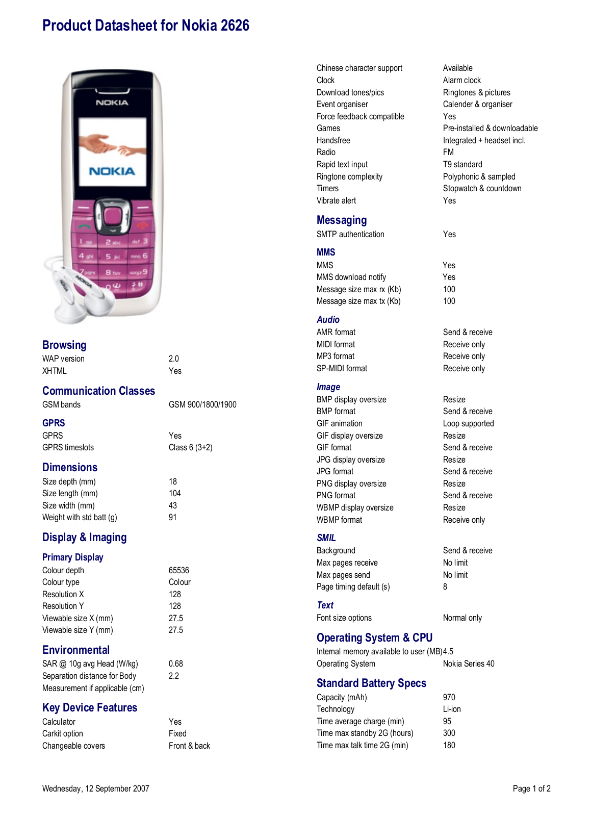 Nokia 2626 DATASHEET