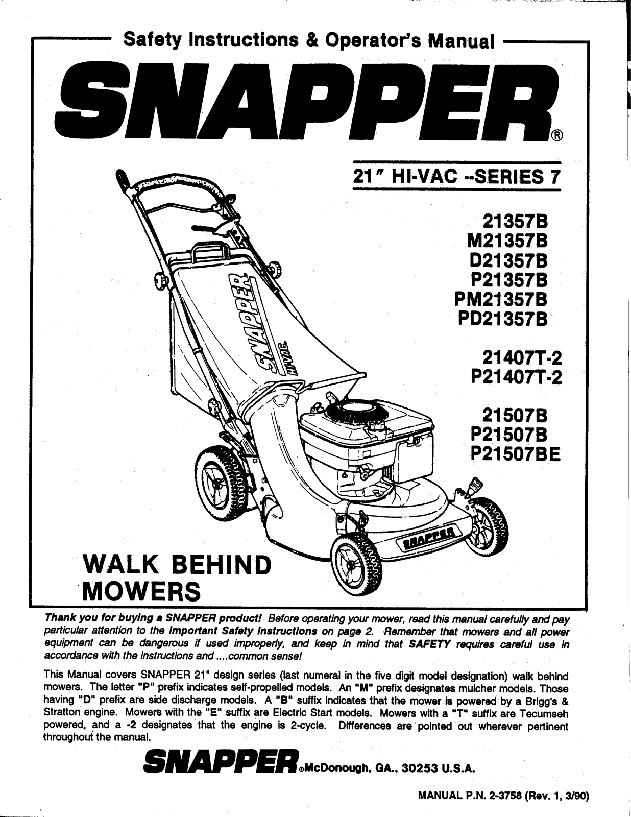 Snapper 21507B, 21407T-2, 21357B, P21357B, P21507B User Manual