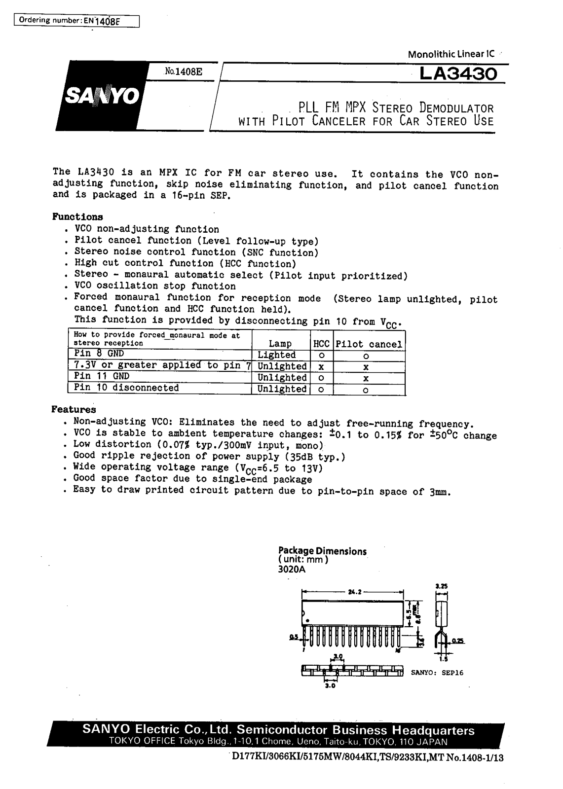 SANYO LA3430 Datasheet