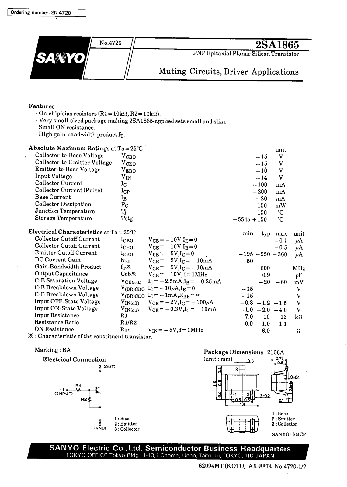 SANYO 2SA1865 Datasheet