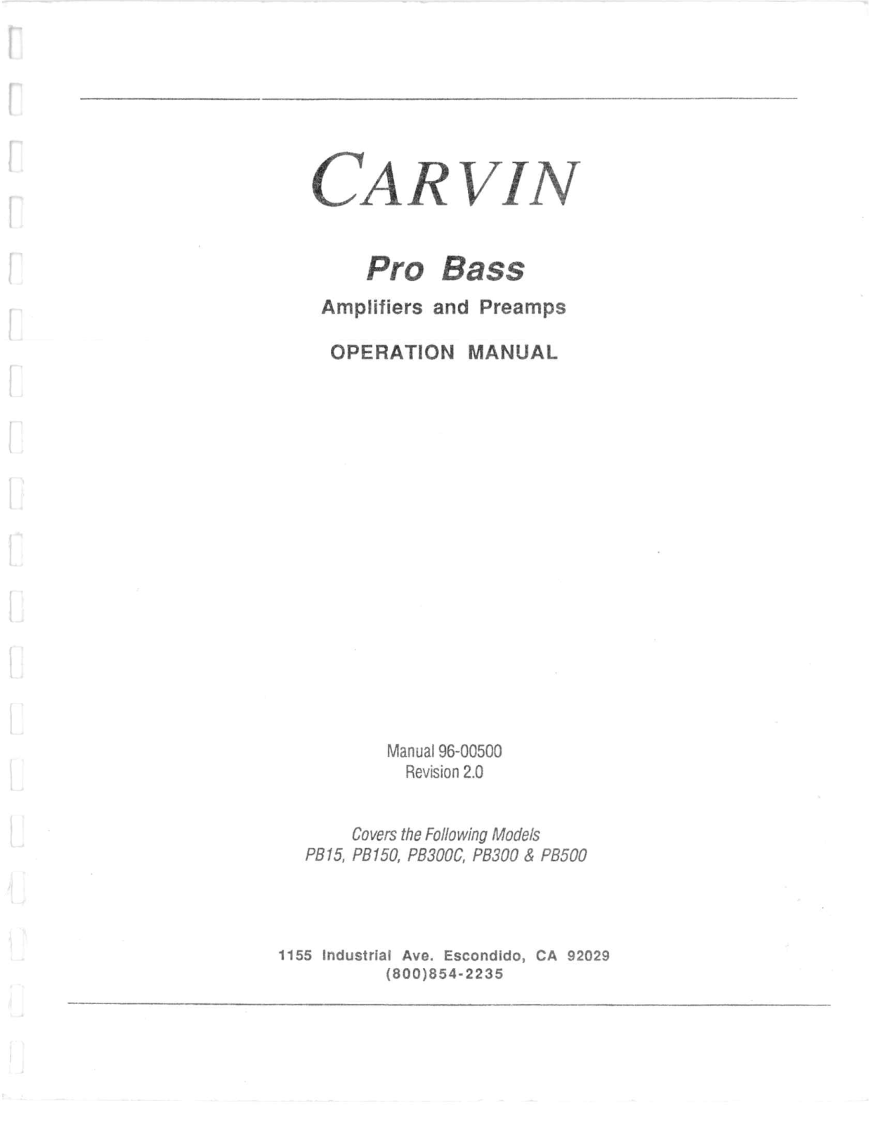 Carvin PB300, PB150, PB15, PB500, PB300C Owner's Manual