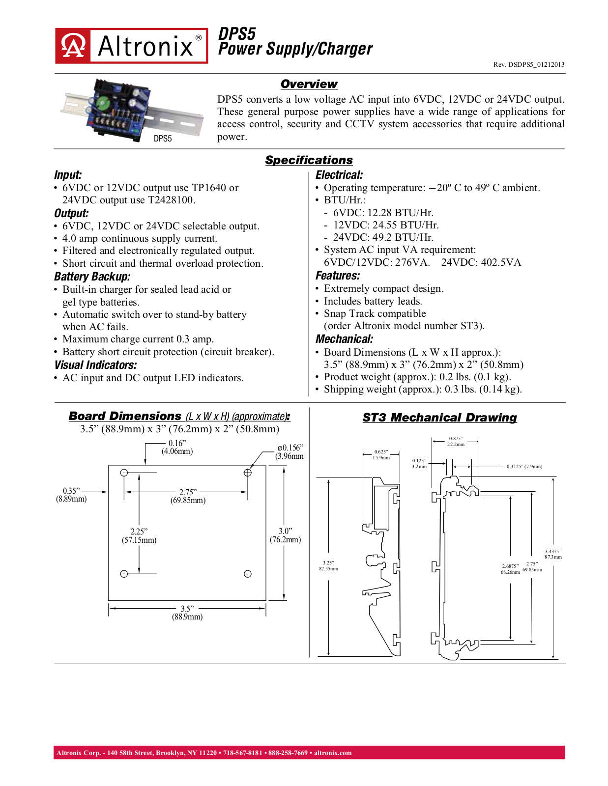 Altronix DPS5 Data Sheet