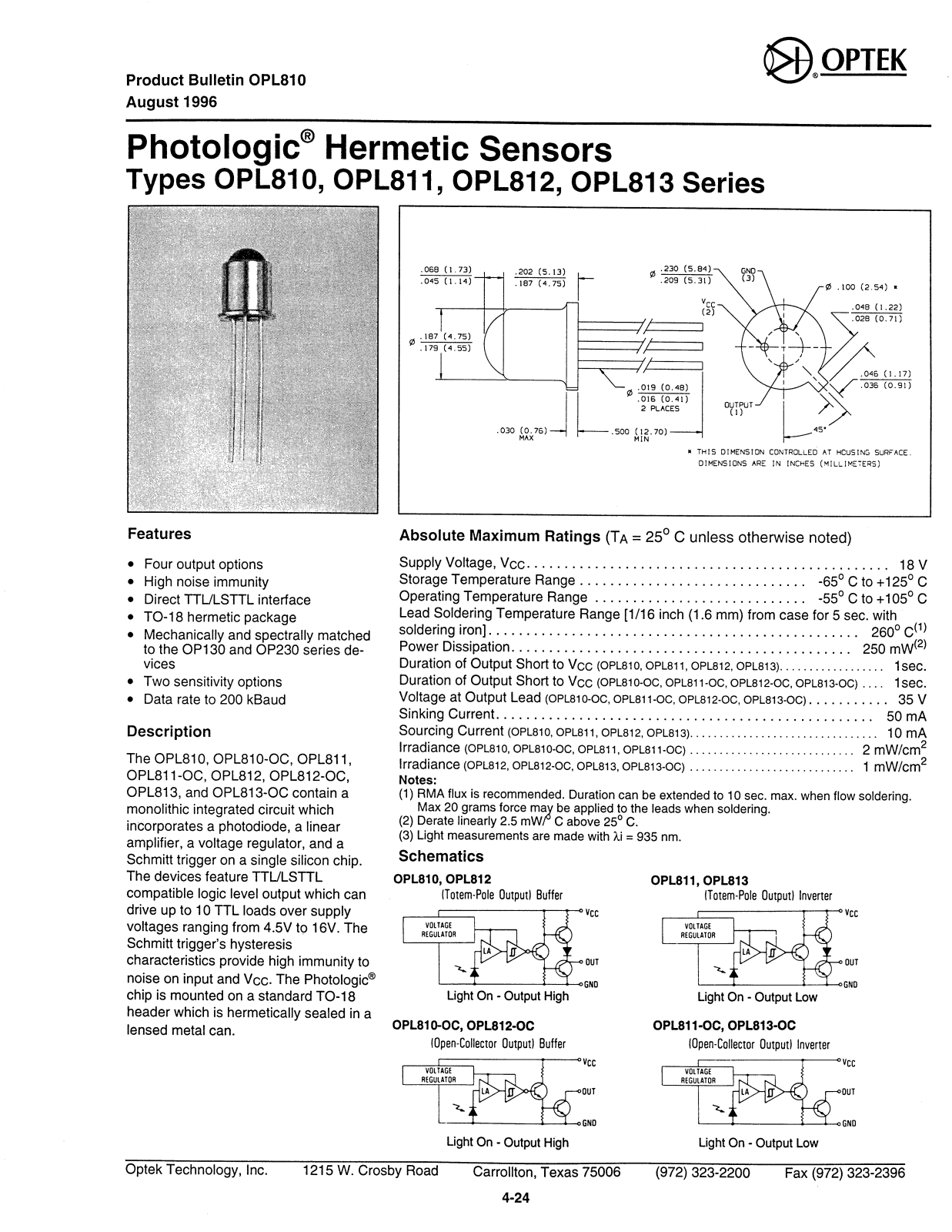 OPTEK OPL813, OPL811-OC, OPL812-OC, OPL810-OC, OPL810 Datasheet