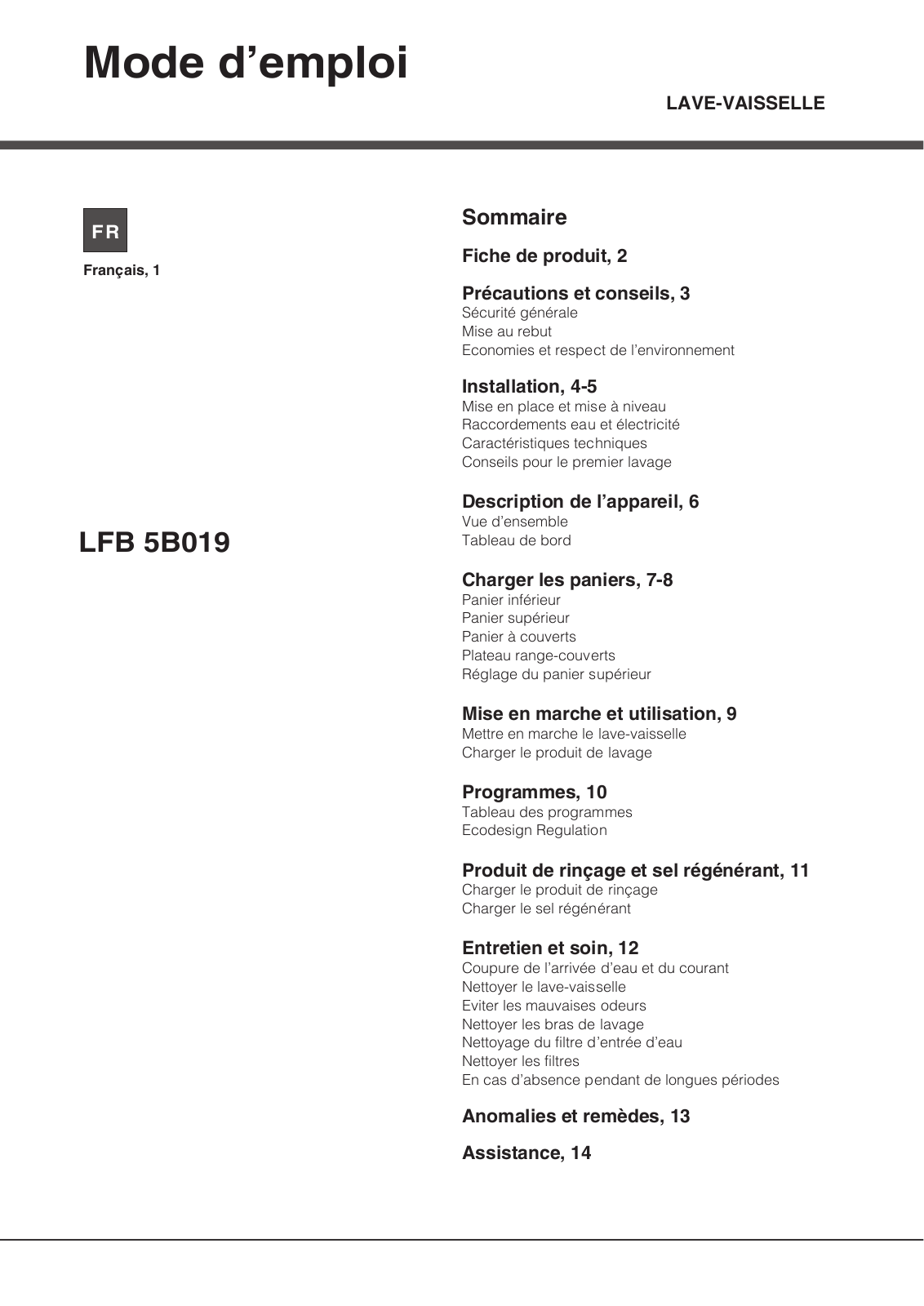 Hotpoint LFB 5B019 FR, LFB 5B019 X FR User Manual