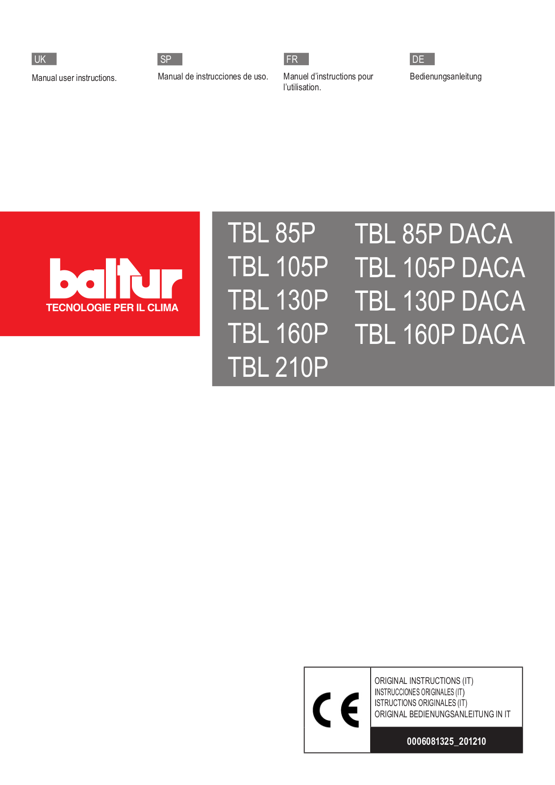 baltur TBL 85P, TBL 85P DACA, TBL 105P DACA, TBL 105P, TBL 130P Manual User Instructions