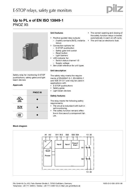 Pilz PNOZ X5 Data Sheet