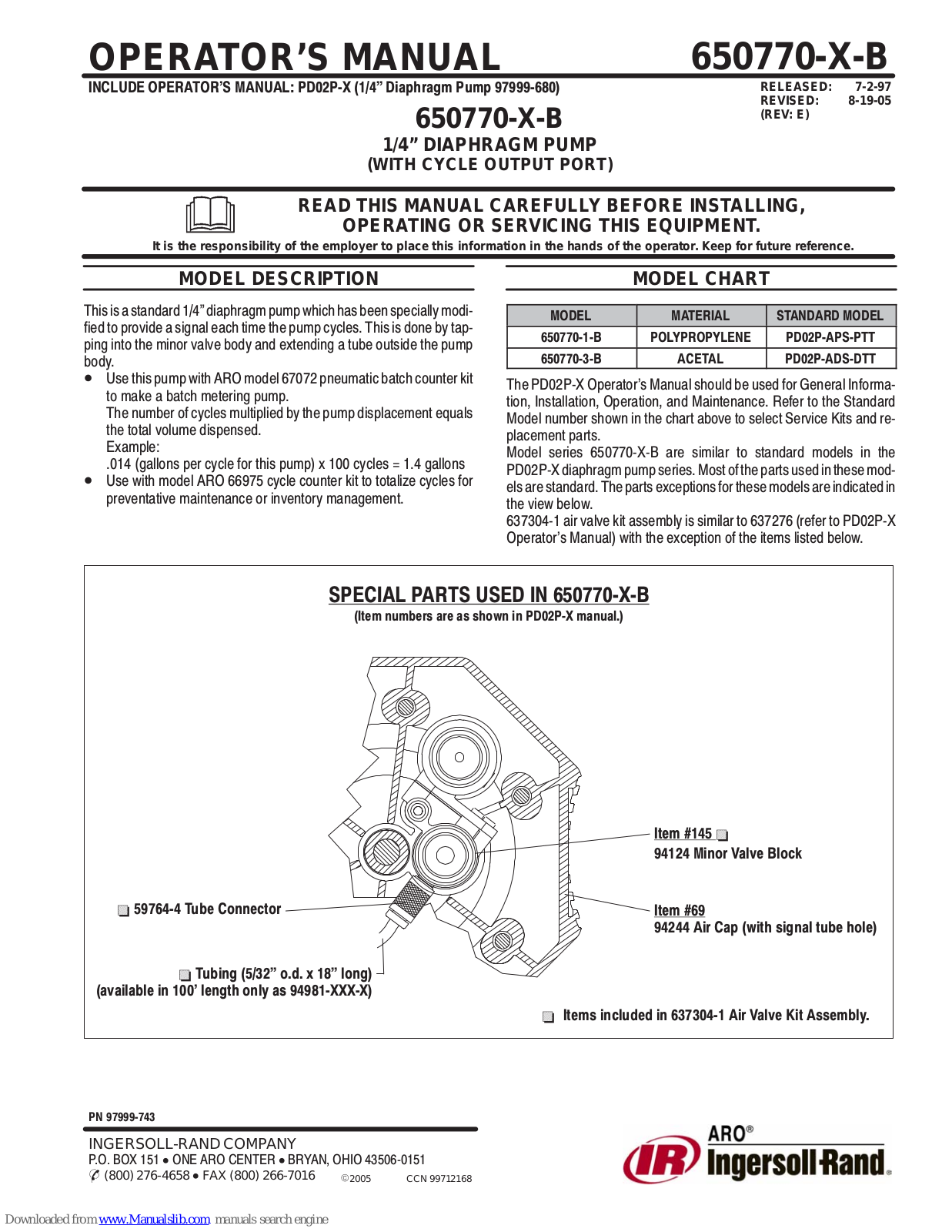 Ingersoll-Rand ARO 650770-1-B, ARO 650770-3-B Operator's Manual