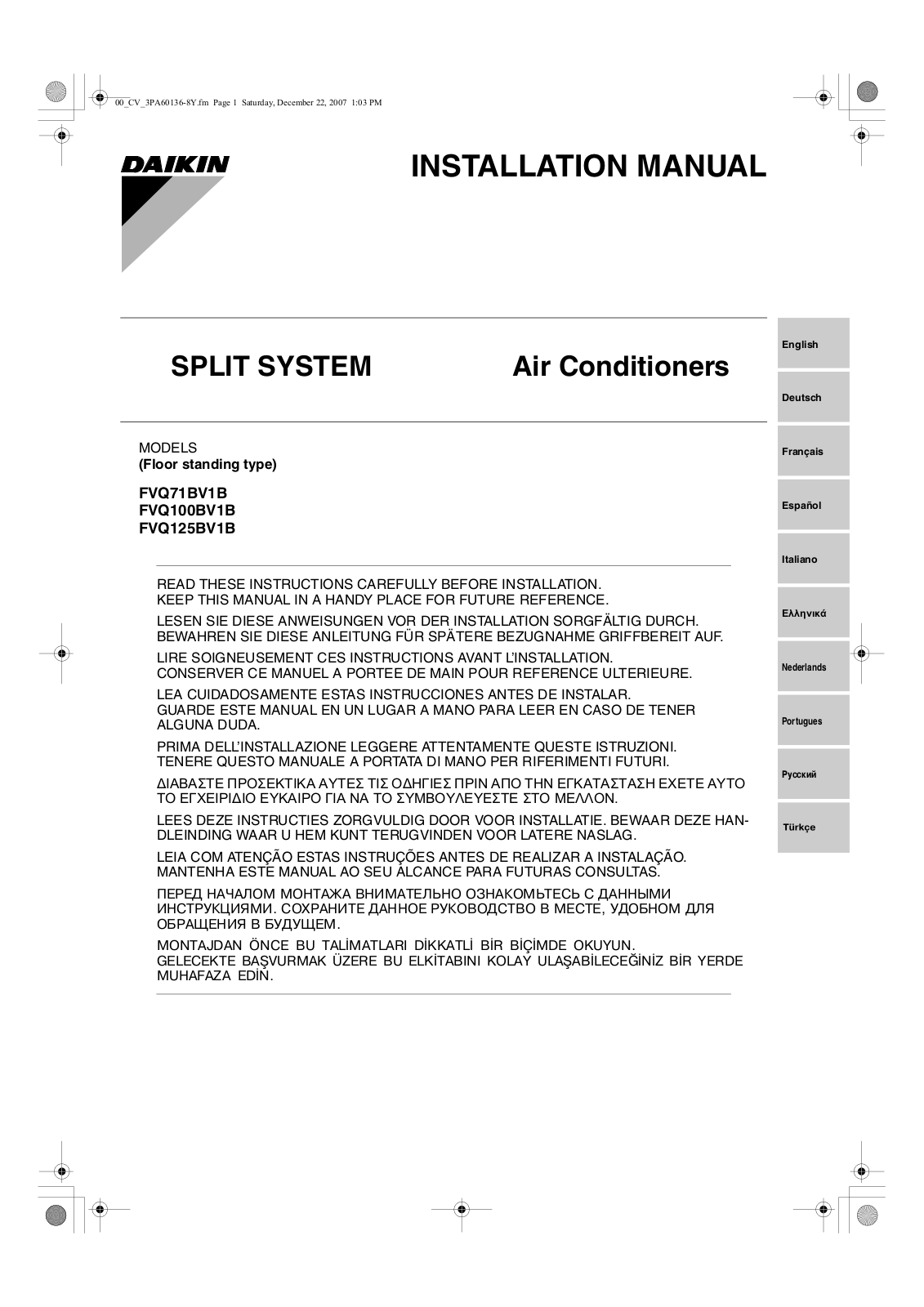 Daikin FVQ71BV1B, FVQ100BV1B, FVQ125BV1B Installation manuals