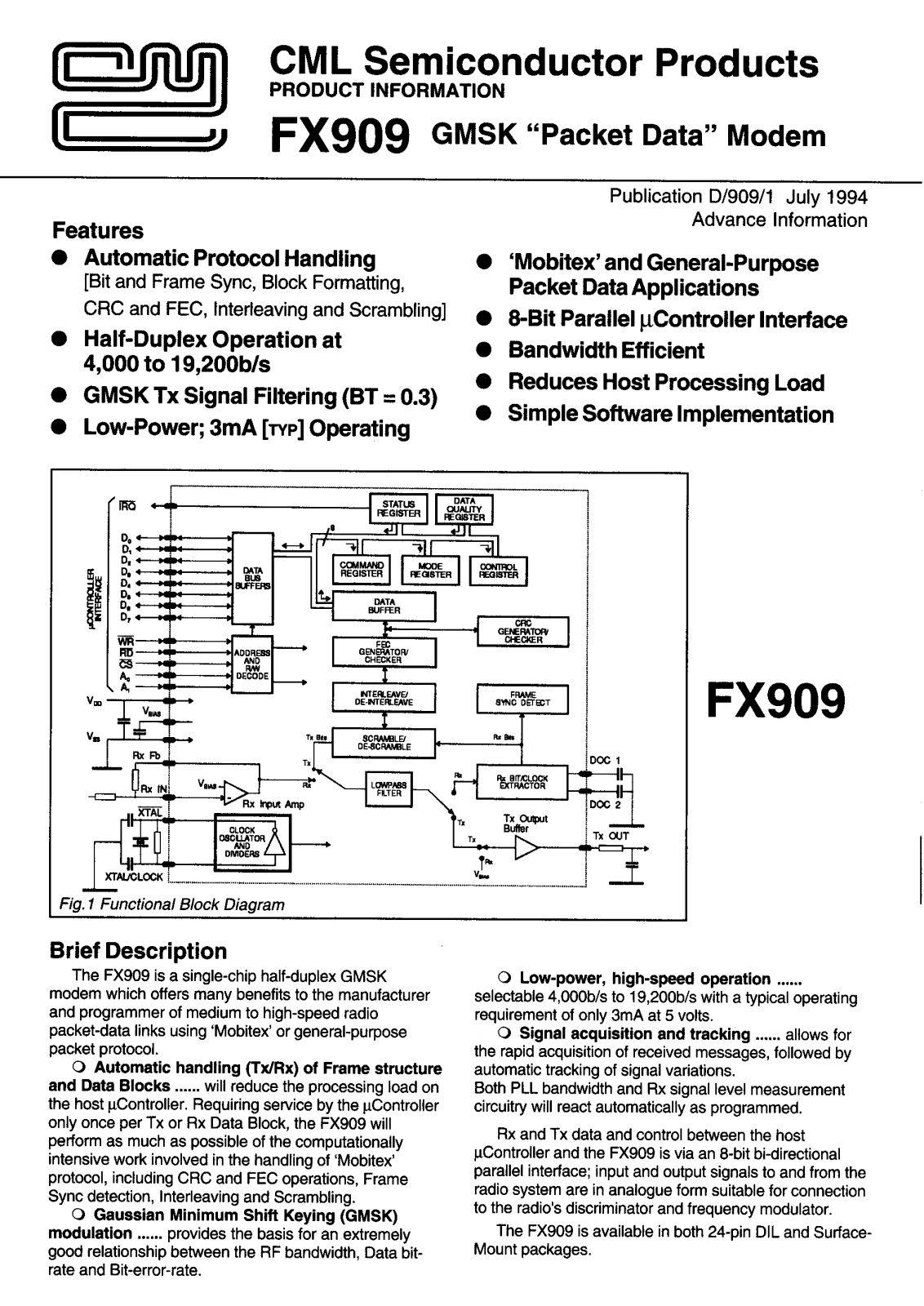 Consumer Microcircuits Limited FX909LS, FX909J Datasheet