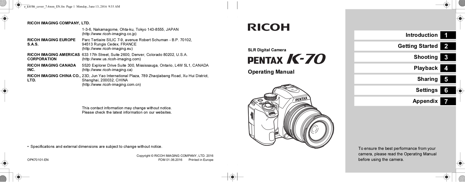 Pentax K-70 Operating Manual