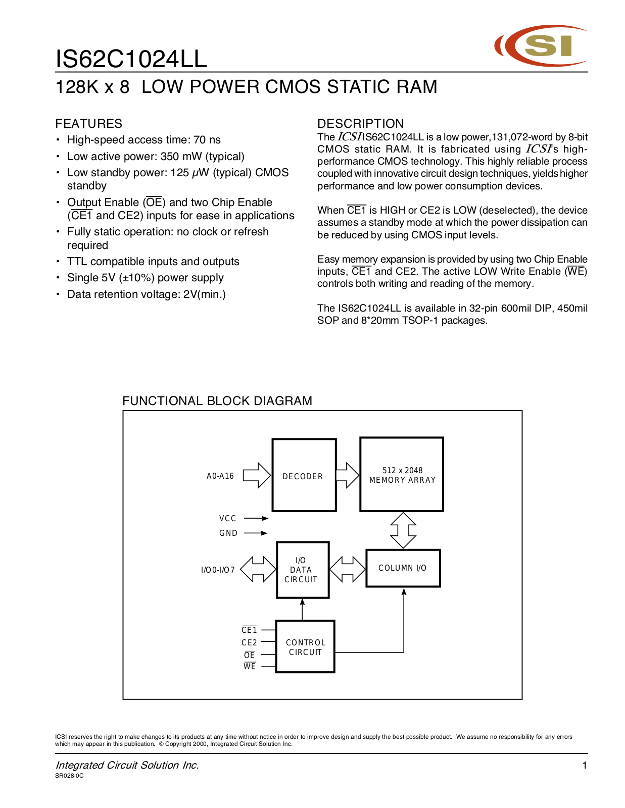 ICSI IS62C1024LL-70T, IS62C1024LL-70Q, IS62C1024LL-70W Datasheet