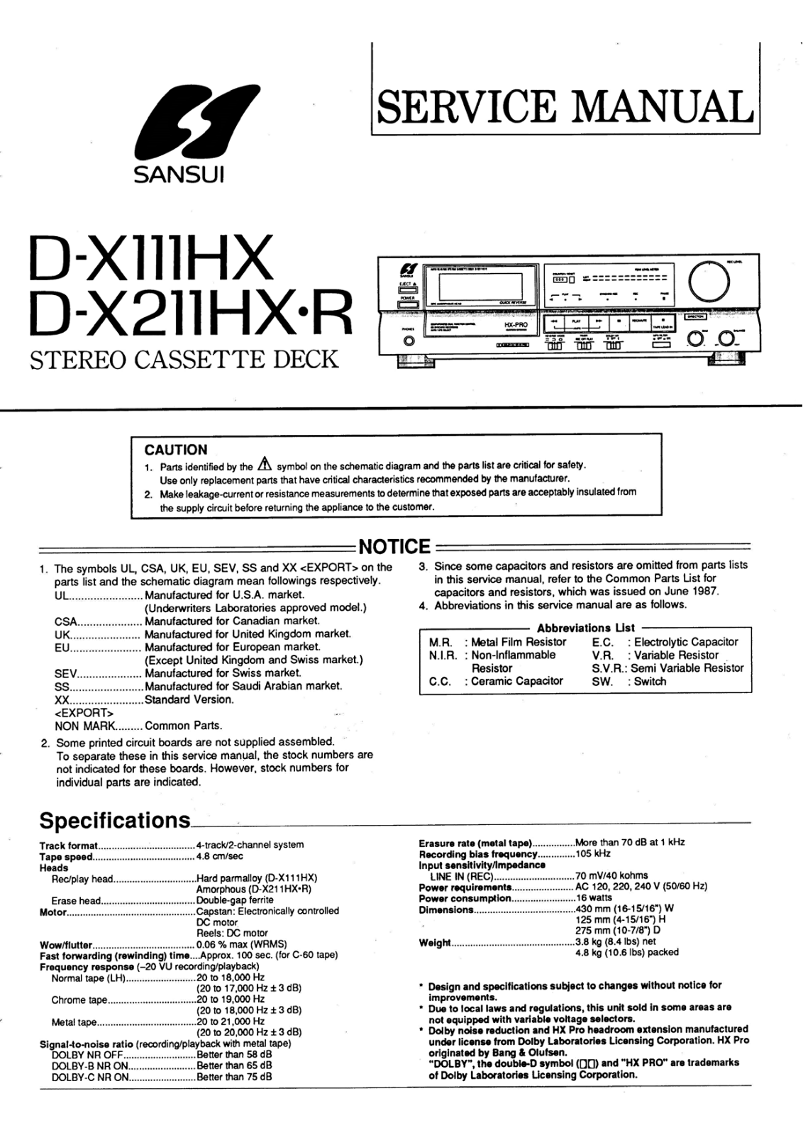 Sansui D-X211-HXR, D-X111-HX Service Manual