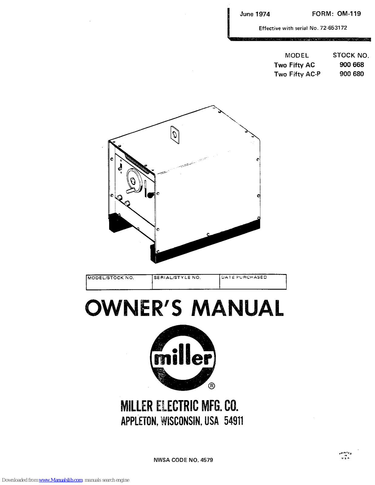 Miller Electric Two Fifty AC, Two Fifty AC-P Owner's Manual