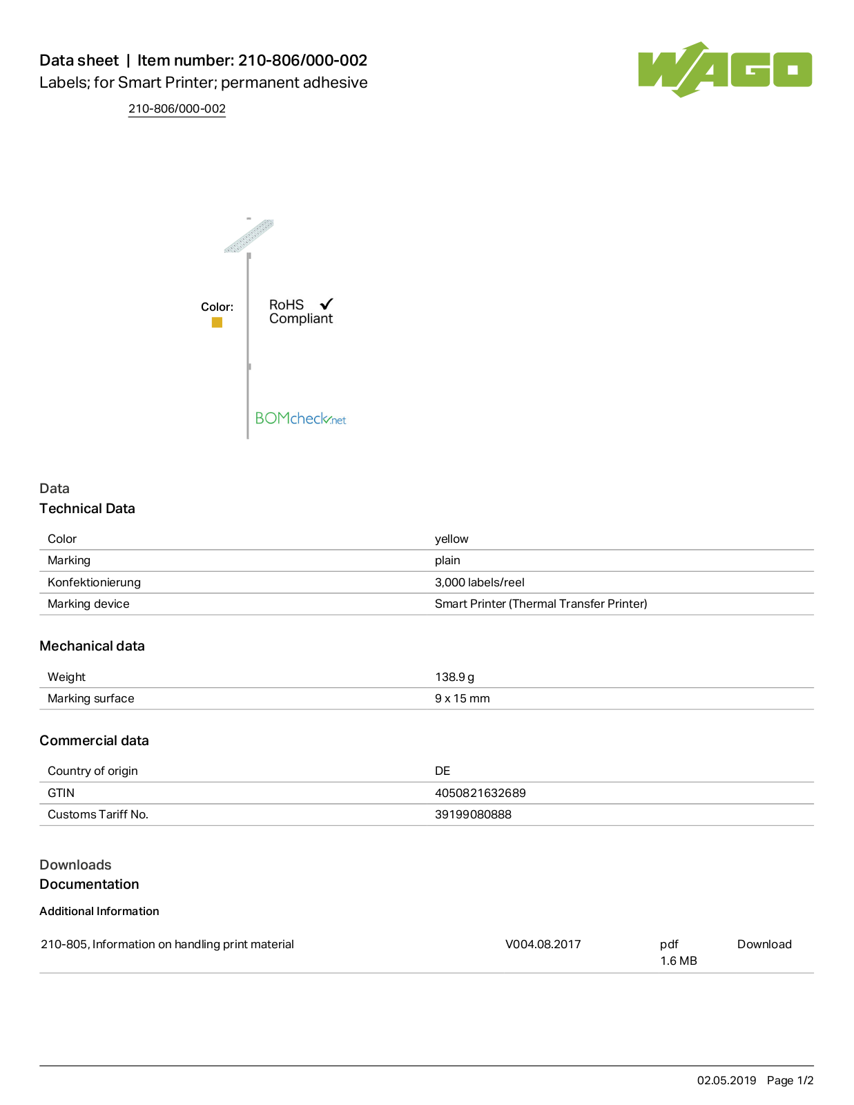 Wago 210-806/000-002 Data Sheet