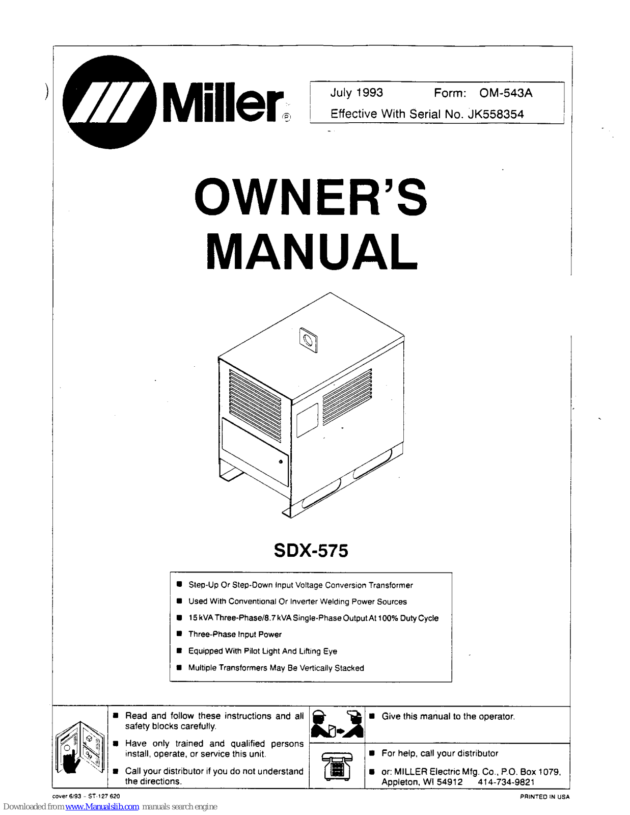 Miller SDX-575 Owner's Manual