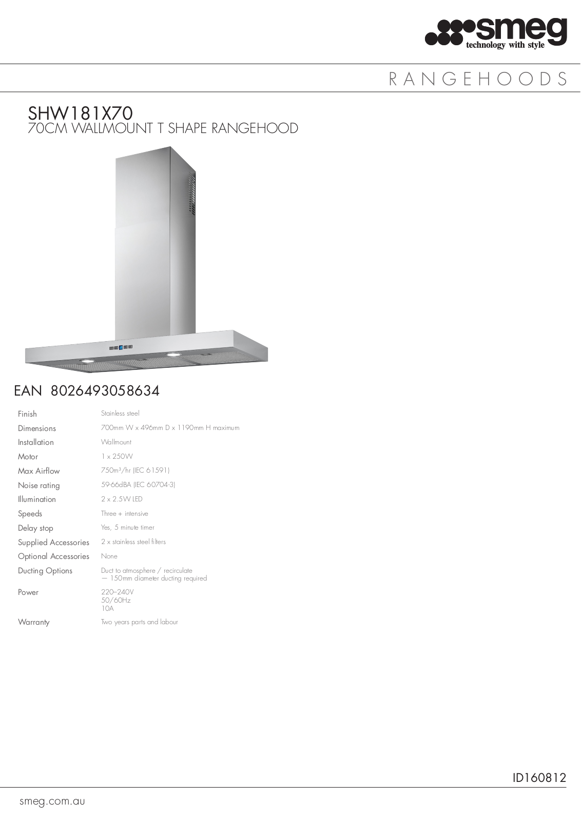 Smeg SHW181X70 Specifications Sheet