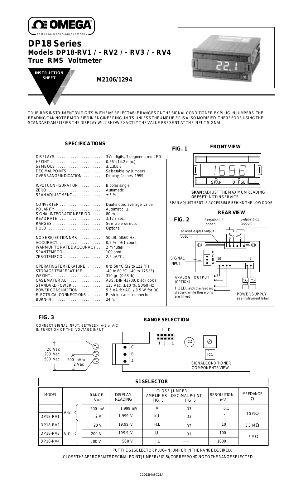 Omega Products DP18-RV1 Installation  Manual