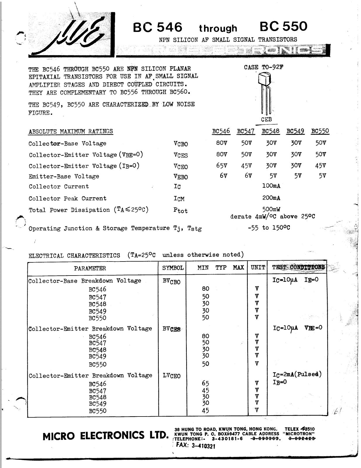 ME BC550, BC549, BC548, BC547, BC546 Datasheet