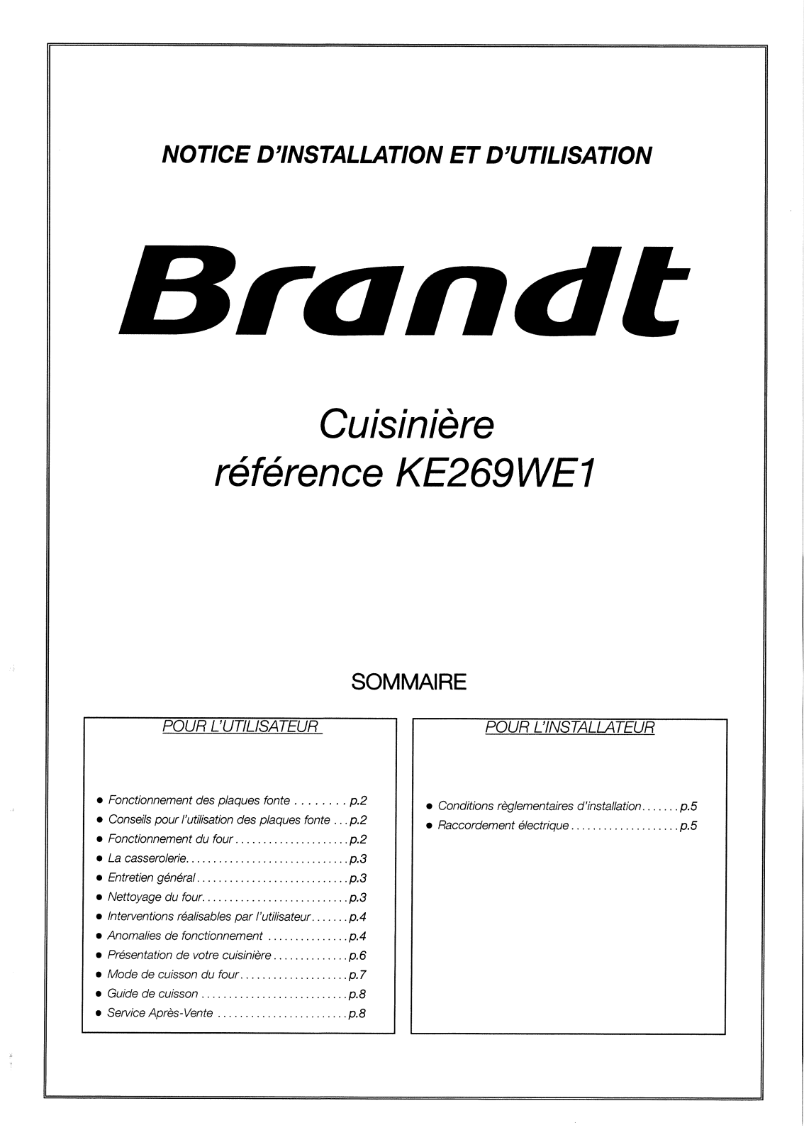 BRANDT KE269WE1 User Manual