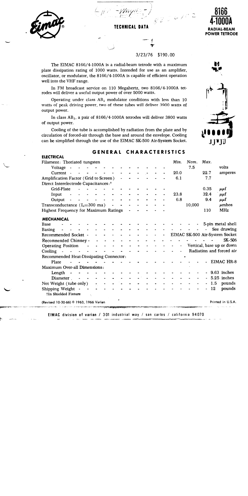 Eimac 8166/4-1000A Datasheet