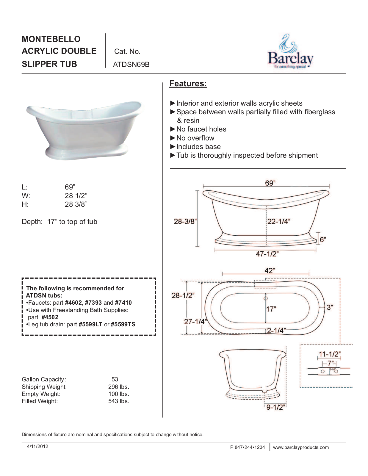 Barclay ATDSN69BWH Specifications