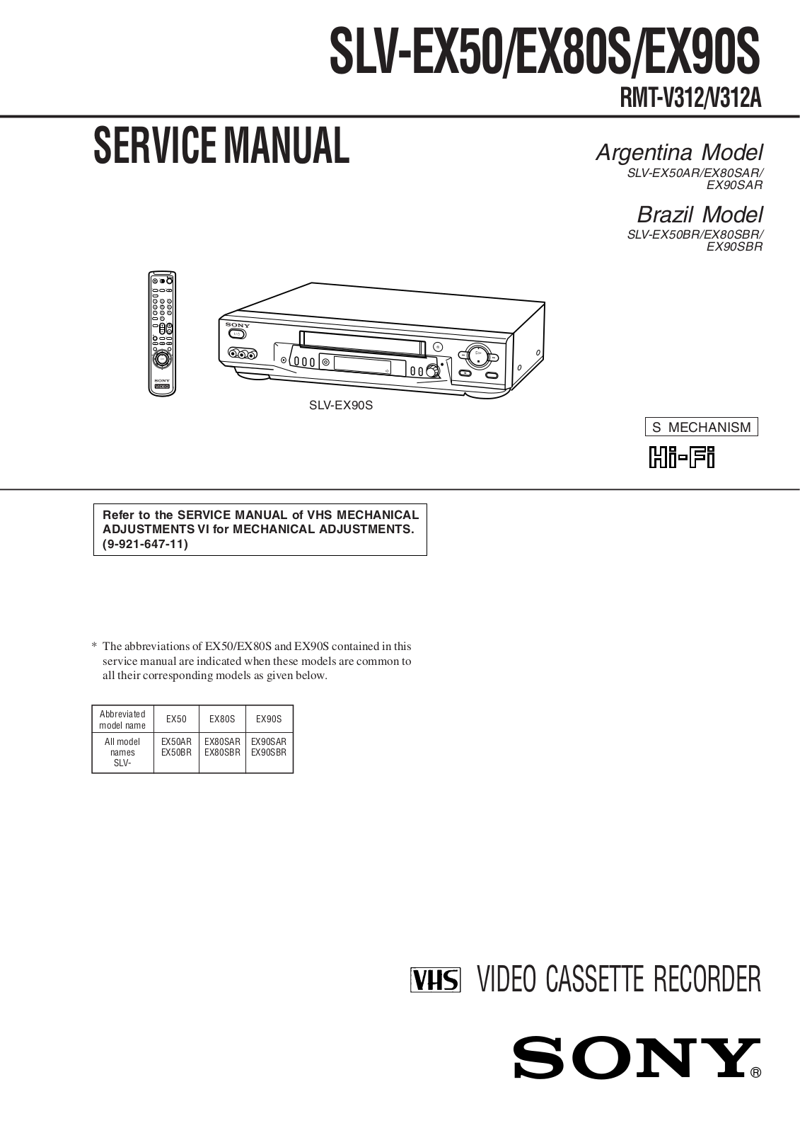 Sony SLV-EX50, SLV-EX80S, SLV-EX90S Service manual