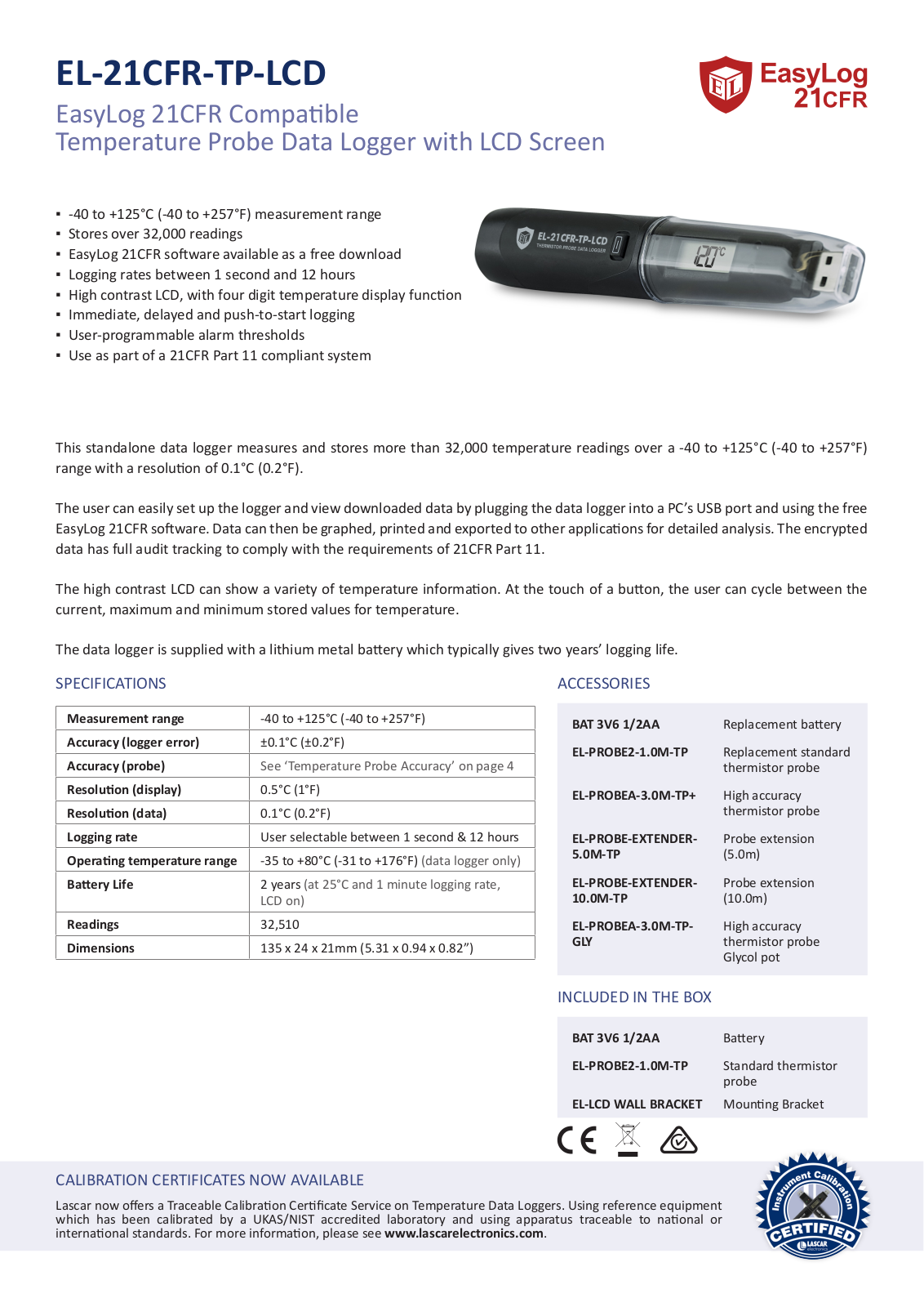 Lascar EL-21CFR-TP-LCD Data Sheet