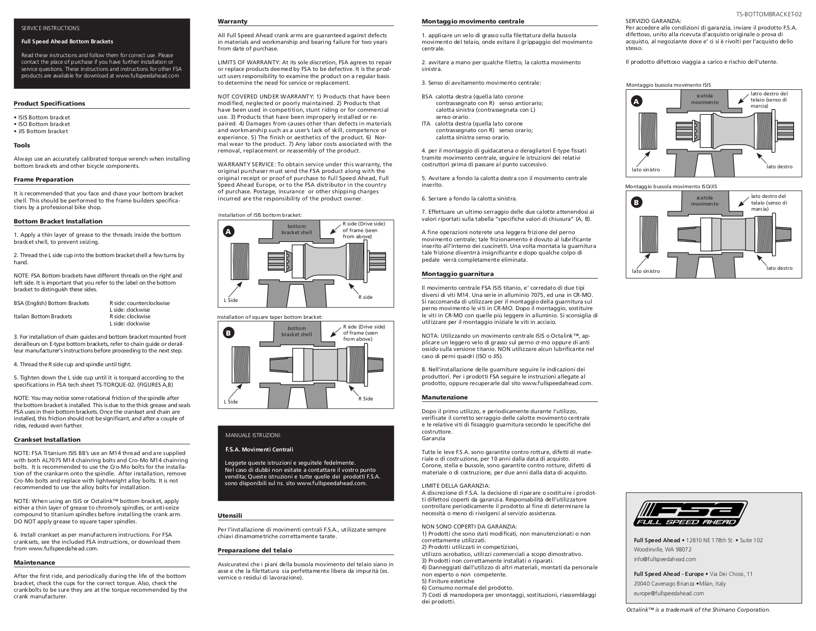 Full speed ahead BOTTOM BRACKETS SERVICE INSTRUCTIONS