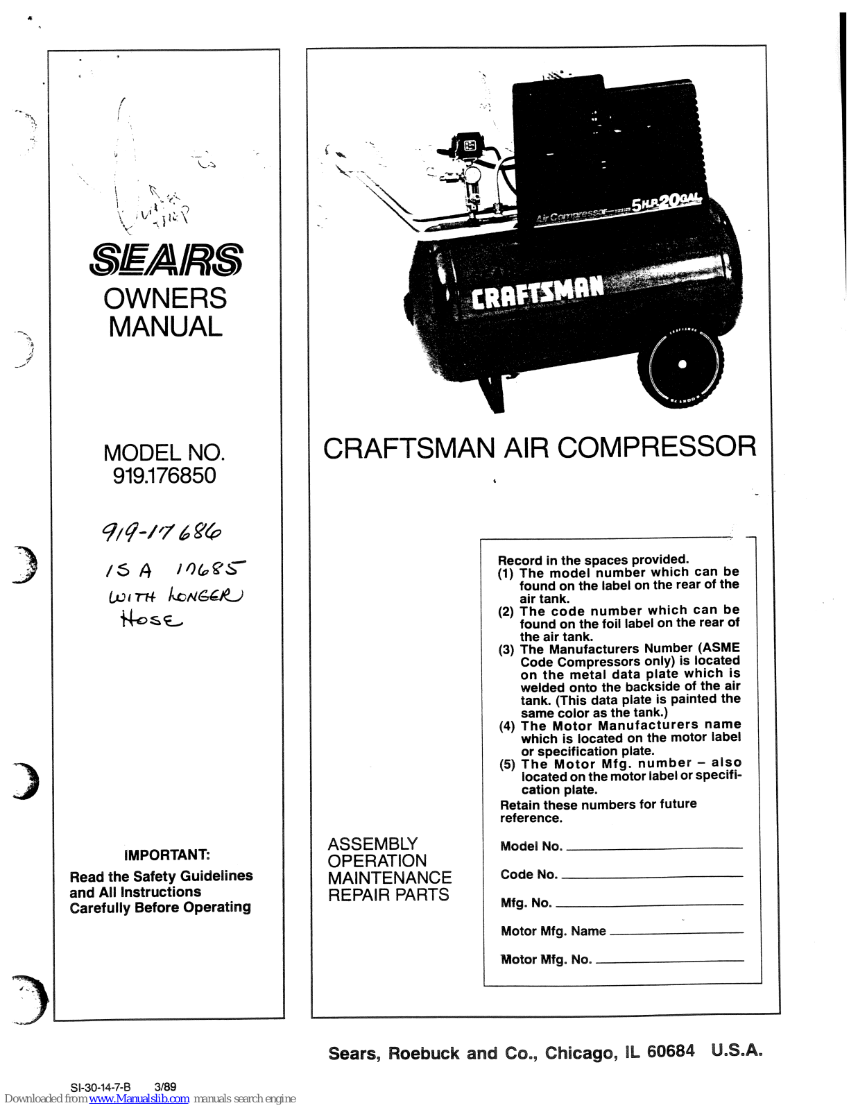 Sears 919.176850 Owner's Manual