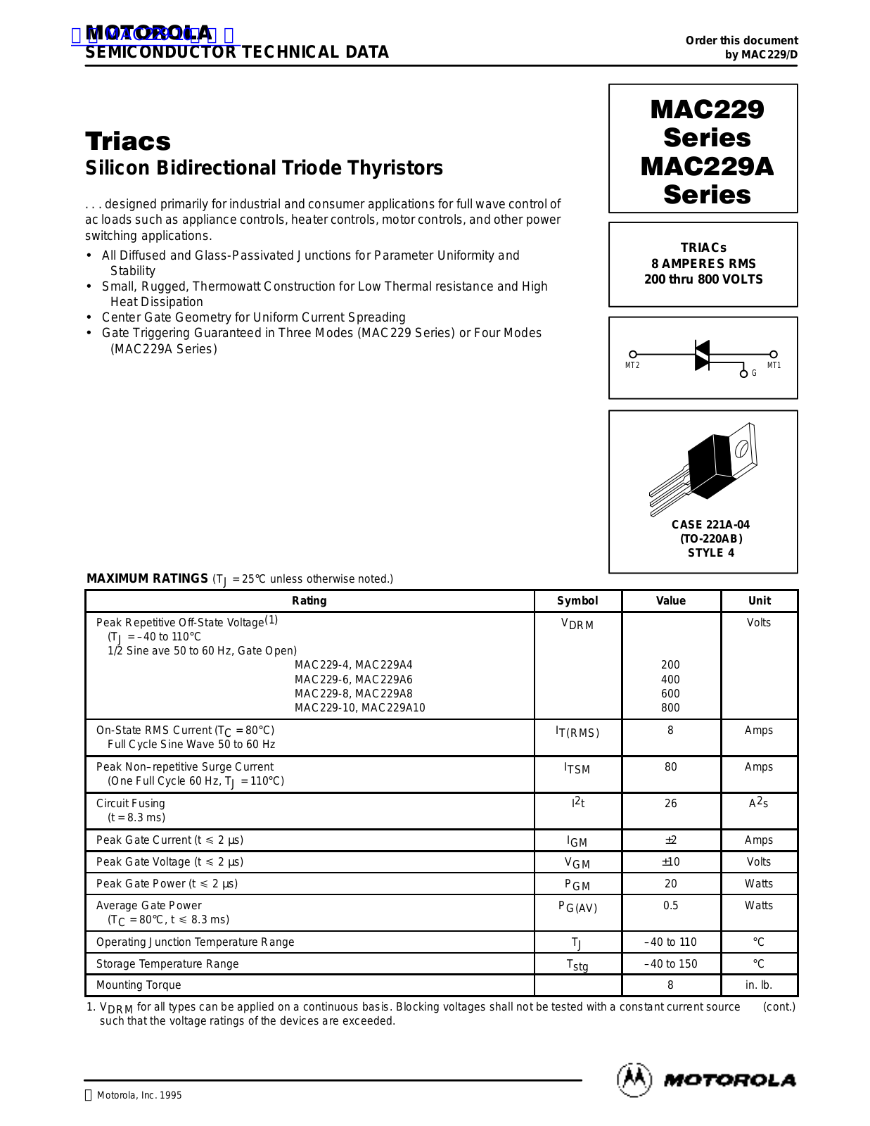 MOTOROLA MAC229 Technical data