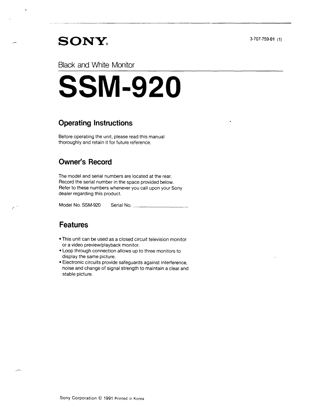 Sony SSM-920 User Manual