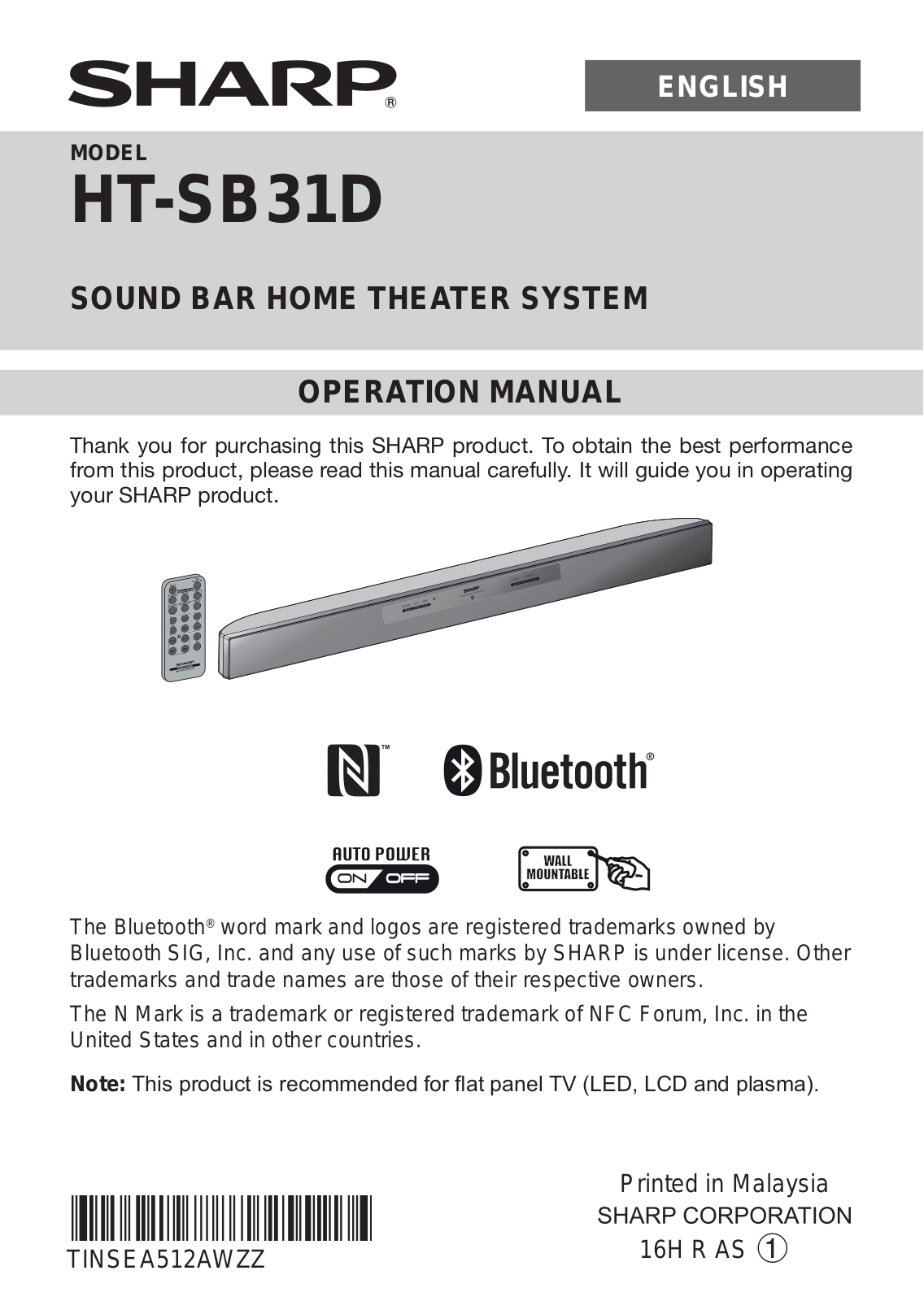 SHARP HTSB31D User Manual